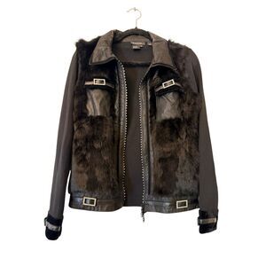VIntage RARE Radzoli Fur Panel Zip Up Rhinestone Embellished Buckles Jacket Blac